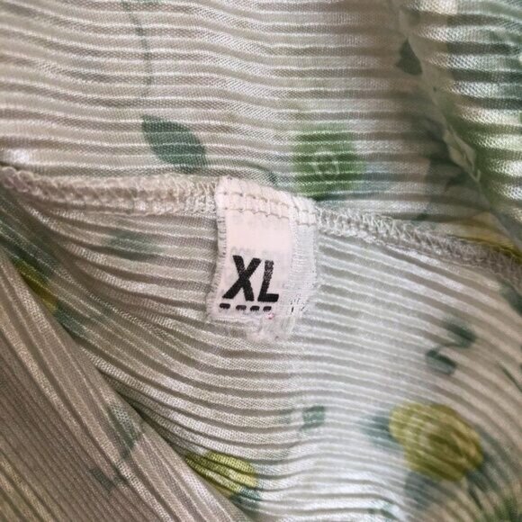 Y2K Satin Micro Pleated Top Size XL Green Floral V Neck Vintage - Picture 5 of 6